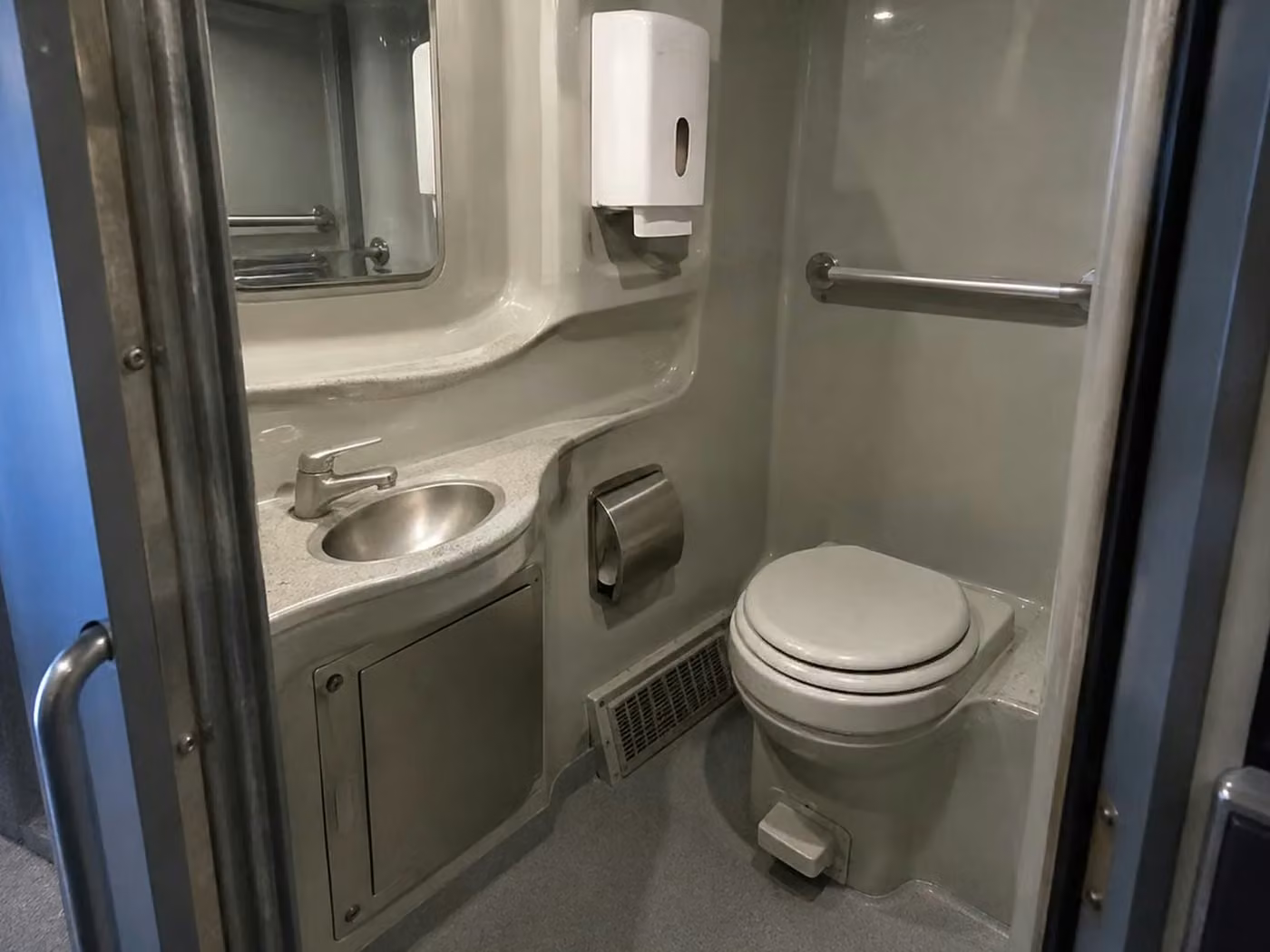 la porte charter bus onboard restroom